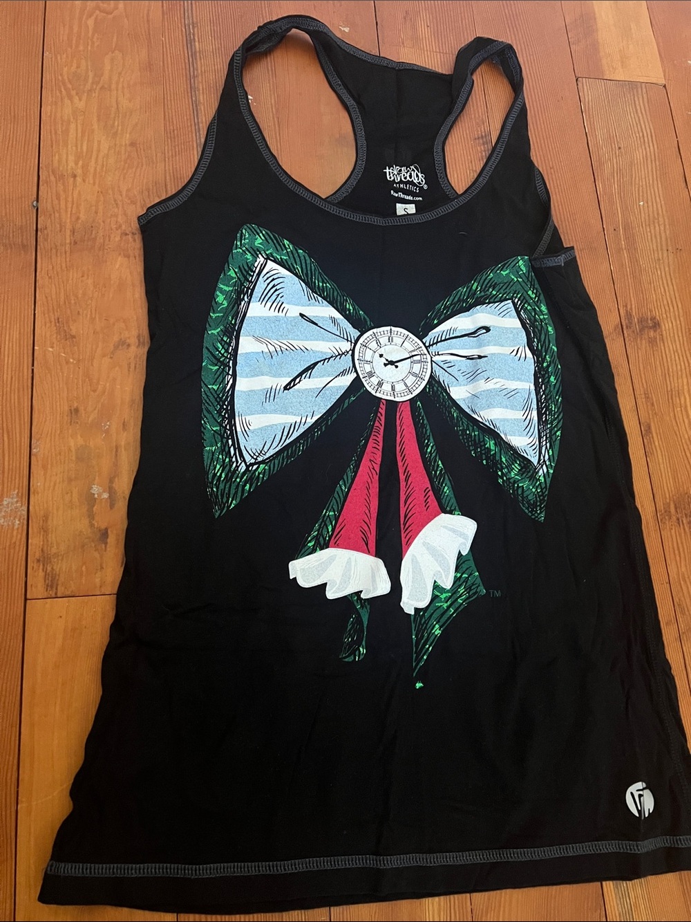 Black Racerback Tank with Multicolor Bow & Clock Graphic- Captain Hook theme